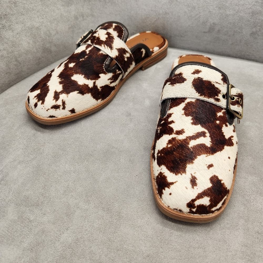 Donald Pliner Mules 8.5 Brown White Cow Hair Calf Leather Sabel Comfort New $200 - Picture 6 of 16